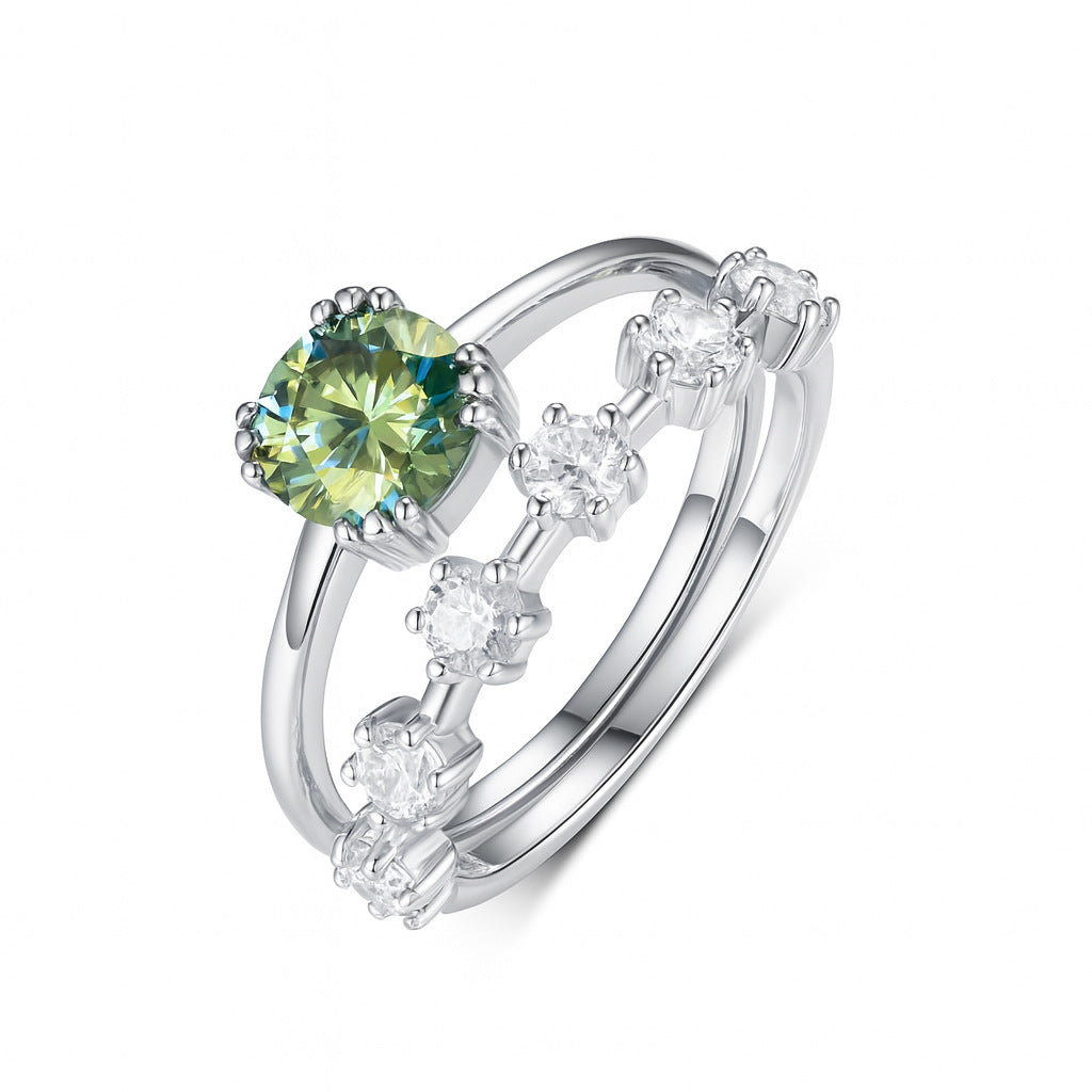 Blue Green Round Moissanite Curved Row Stack 925 Sterling Silver Ring