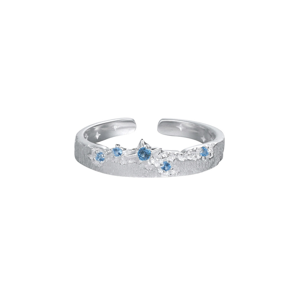 Brushed Texture Star Pattern Blue Cubic Zirconia 925 Sterling Silver Adjustable Ring