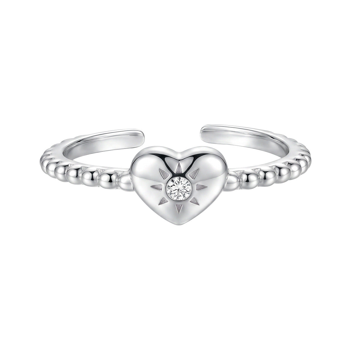 Heart Sunburst Cubic Zirconia 925 Sterling Silver Women Minimalist Beaded Band Open Ring