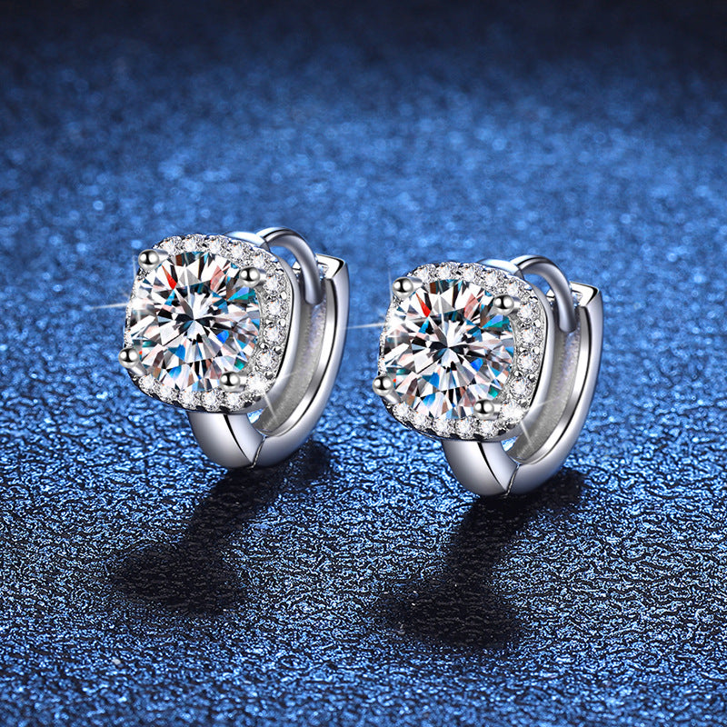 Elegant Sterling Silver Moissanite Hoop Earrings with Cushion Cut Halo Design