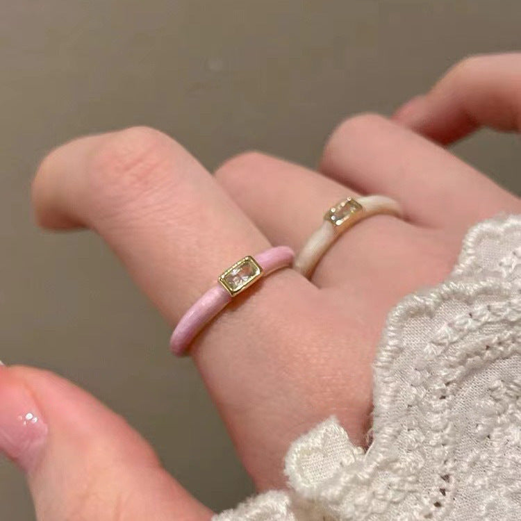 Adjustable Geometric Enamel Ring with Square Accent for Women