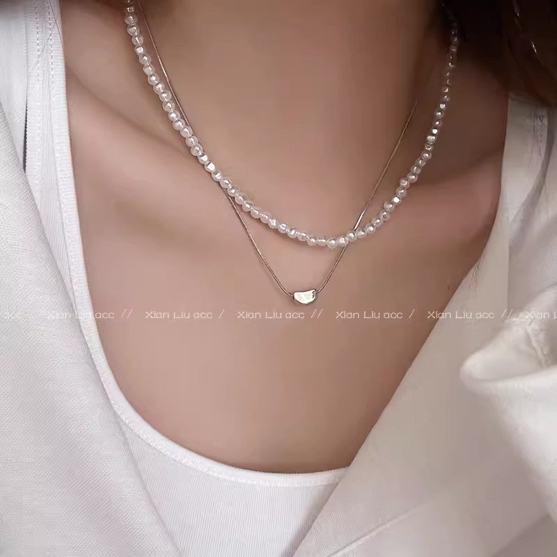 Layered Pearl Necklace with Minimalist Geometric Pendant for Women