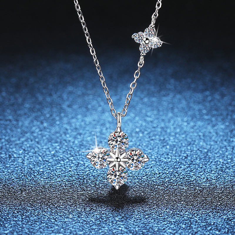 Necklace Sterling Silver Four Leaf Clover Pendant with Moissanite Stones Delicate Collarbone Chain
