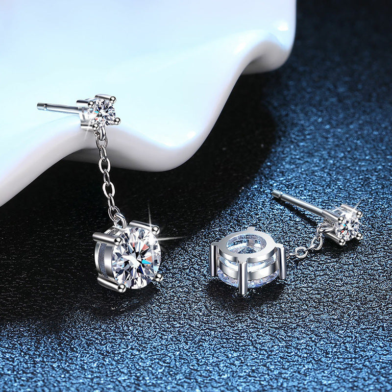 Earrings Sterling Silver Moissanite Drop Earrings with Four-Prong Setting and Delicate Chain Design