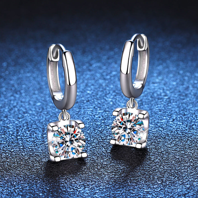 Earrings Sterling Silver Moissanite Drop Hoop Earrings with Four-Prong Setting