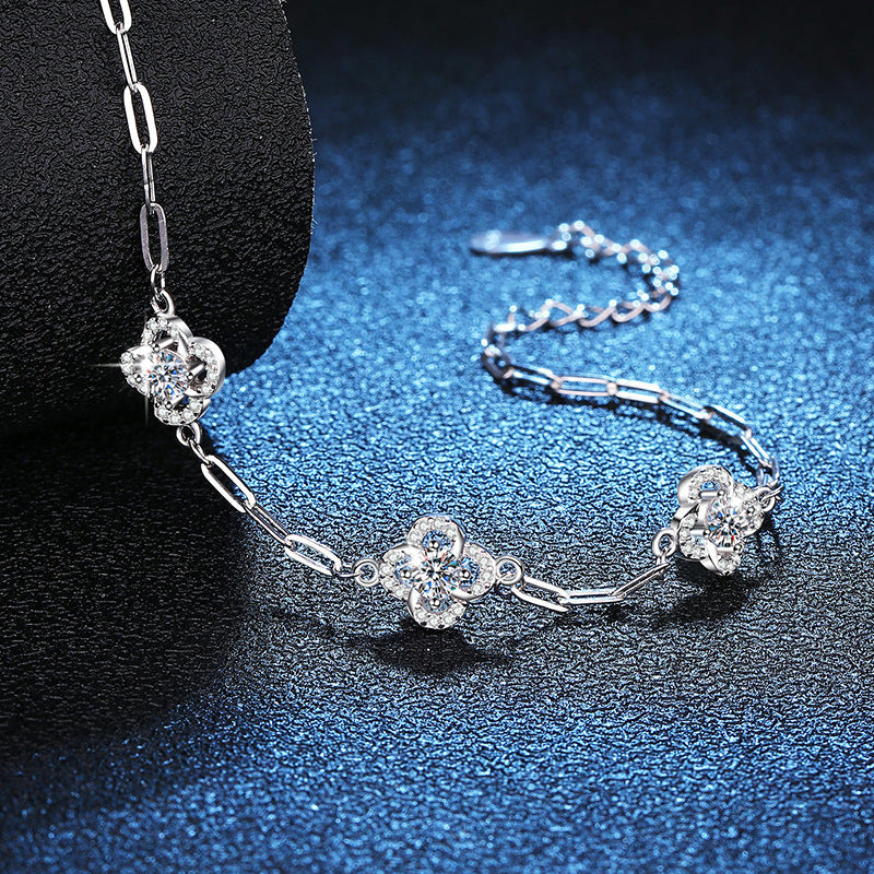 Bracelet Sterling Silver Four Leaf Clover Moissanite Diamond Chain Bracelet for Women