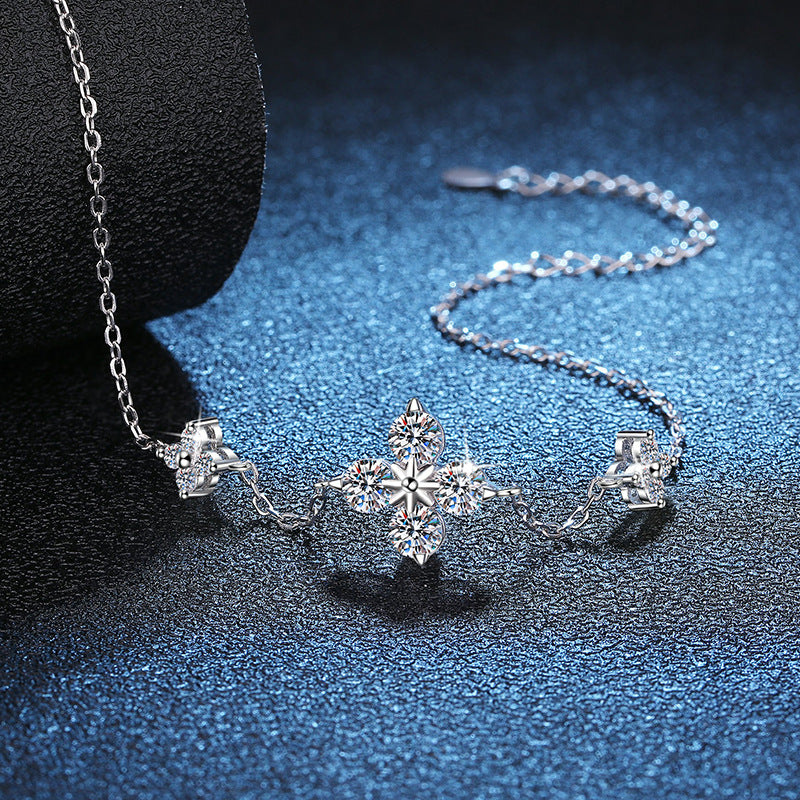 Bracelet Sterling Silver Four Leaf Clover Lucky Charm with Moissanite Stones Adjustable Chain