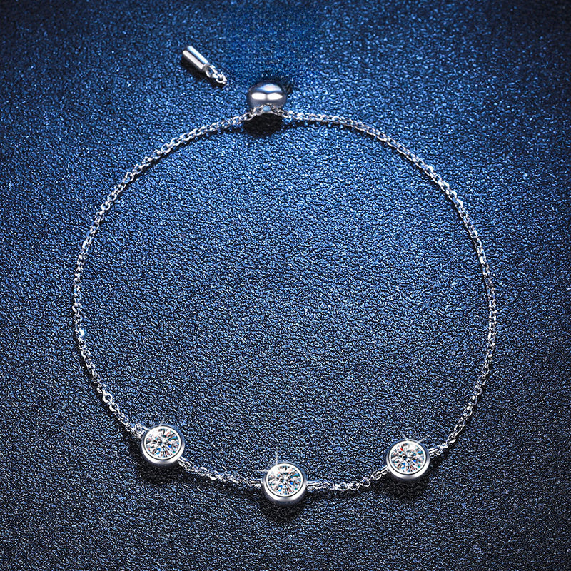 Bracelet Sterling Silver Moissanite Chain with Three Round Bezel Set Stones Adjustable Slider Clasp