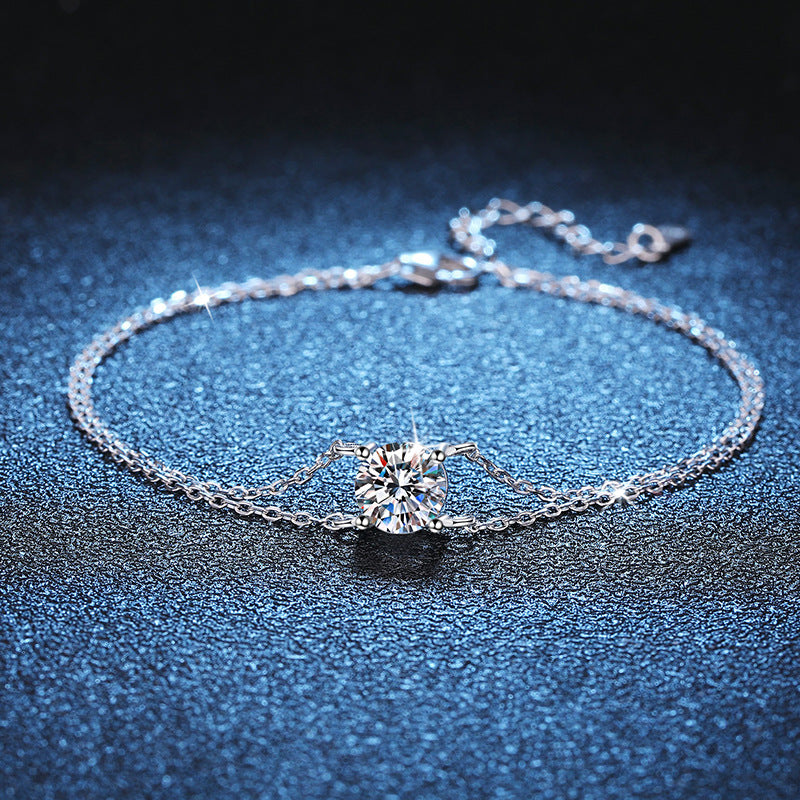 Bracelet Double Layer Four Prong Moissanite Sterling Silver Chain Bracelet with Brilliant Cut Stone