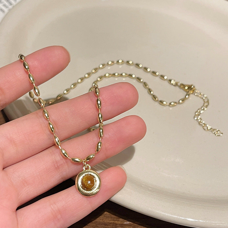 Women's Minimalist Tiger Eye Beaded Necklace with Gold-Toned Geometric Pendant