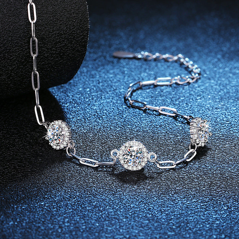 Bracelet Sterling Silver Moissanite Chain with Round Halo Settings and Adjustable Clasp