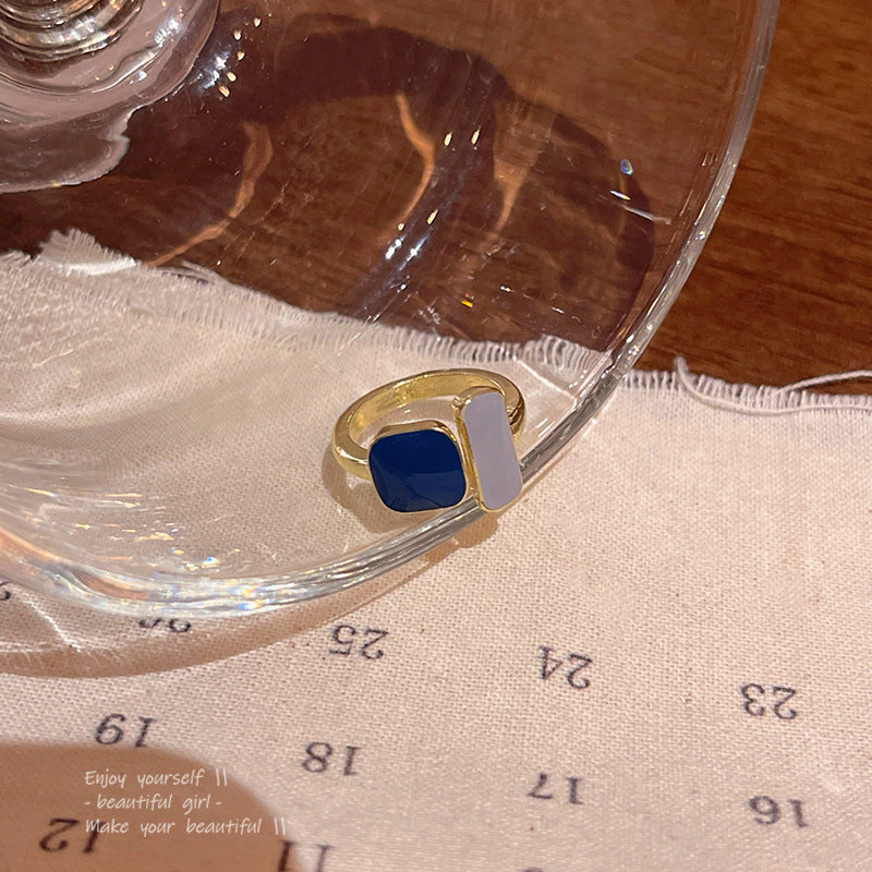 Vintage Blue Enamel Adjustable Geometric Ring for Women