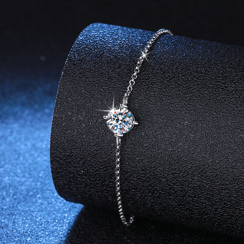 Bracelet Sterling Silver Four Prong Moissanite Solitaire Adjustable Chain Bracelet