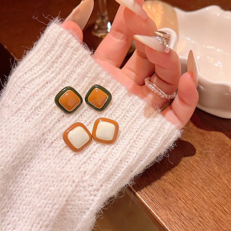 Geometric Square Drop Earrings for Women in Retro Two-Tone Design