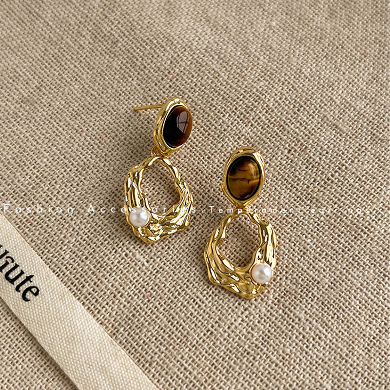 Geometric Tiger Eye Stone Earrings for Women - Retro Style Gold-Tone Studs
