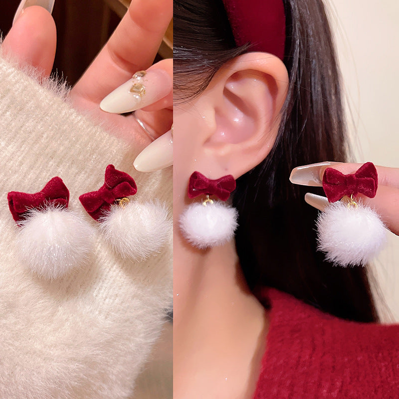 Festive Red Velvet Bow Drop Earrings with Fluffy Pom-Poms for Women