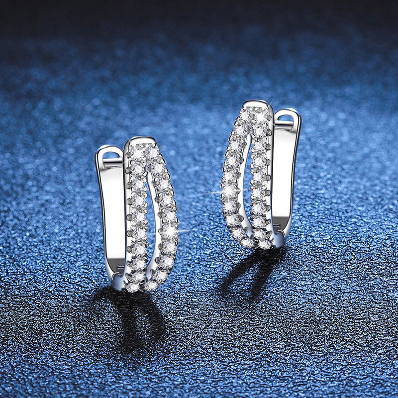 Elegant Crossover Moissanite Stud Earrings Sterling Silver Double Row Sparkling Hoop Design