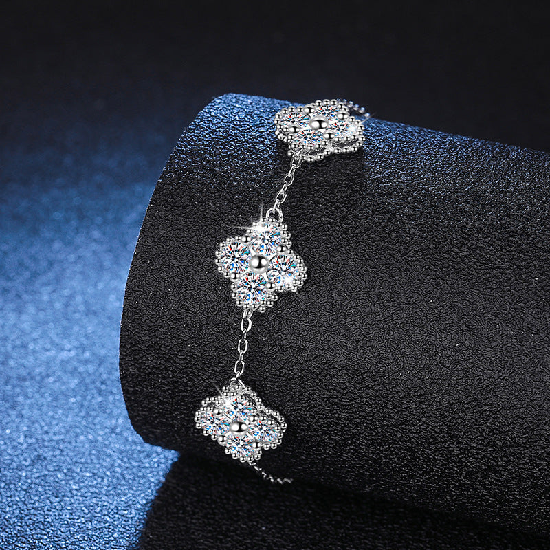 Bracelet Luxury Four Leaf Clover Sterling Silver Chain with Moissanite Stones Adjustable