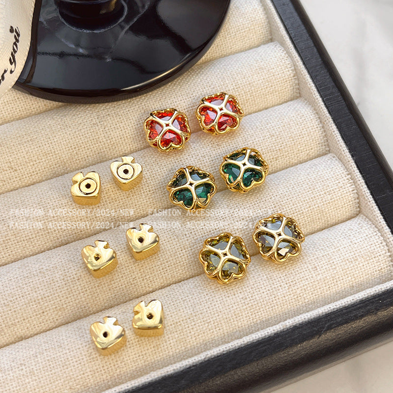 Earrings with Gold-Plated Colored Flower Design and 5A Zirconia Heart-Shaped Studs for Women