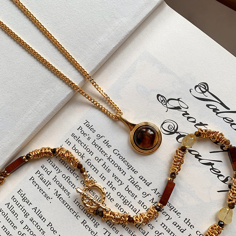 Layered Beaded Necklace with Natural Tiger Eye Stone Pendant for Women