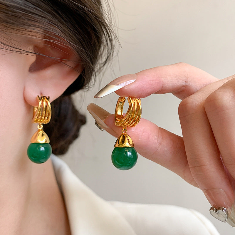 Vintage-Inspired Green Agate Geometric Earrings for Women