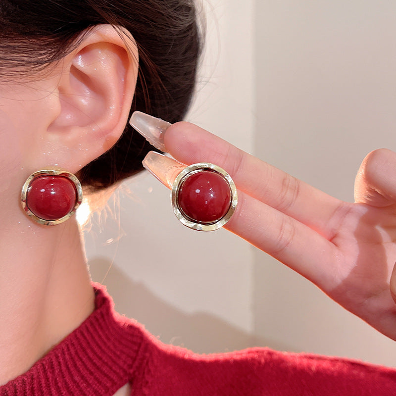 Geometric Red Pearl Stud Earrings with Gold-Tone Finish, Minimalist Vintage Style