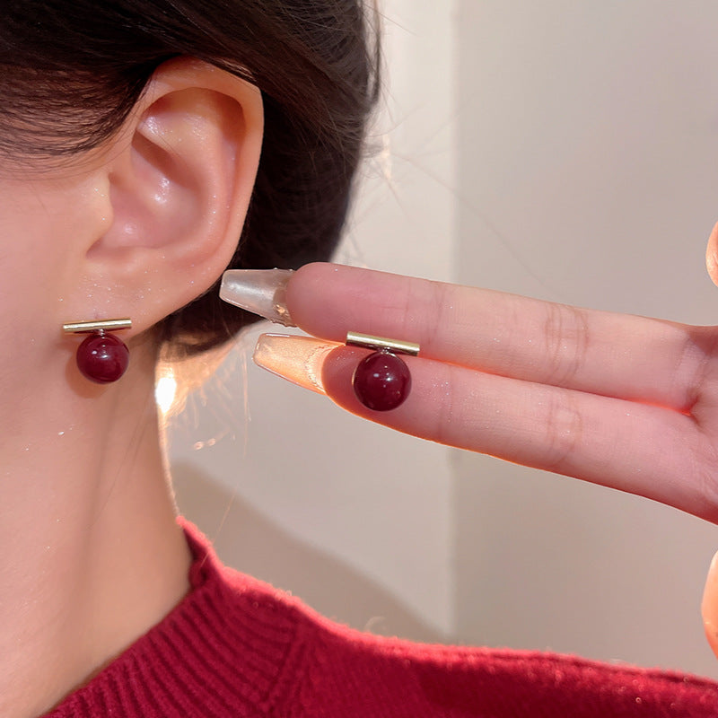 Minimalist Red Pearl Stud Earrings for Women, Geometric Design, Fashionable and Versatile