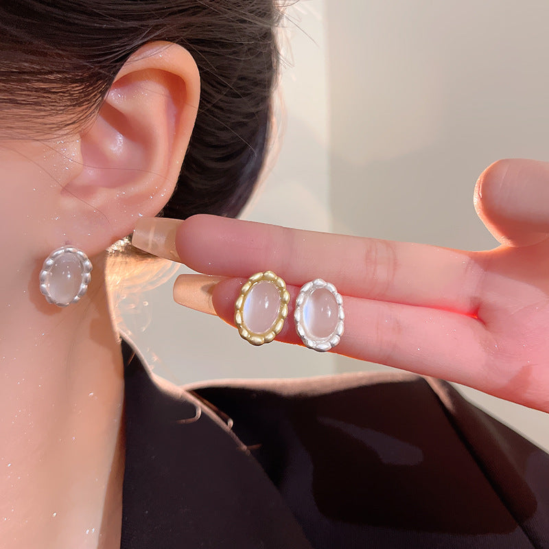 Elegant Oval Cat's Eye Stud Earrings with French-Inspired Minimalist Design