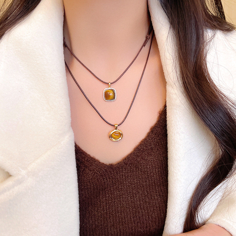 Tiger Eye Stone Necklace with Adjustable Leather Cord for Women, Minimalist Geometric Design