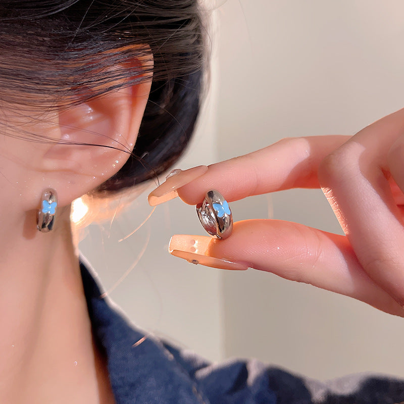 Minimalist Bow Drop Earrings with Enamel Blue Accent for Women