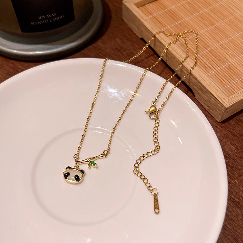Panda Bamboo Pendant Necklace with Geometric Design in Gold Tone