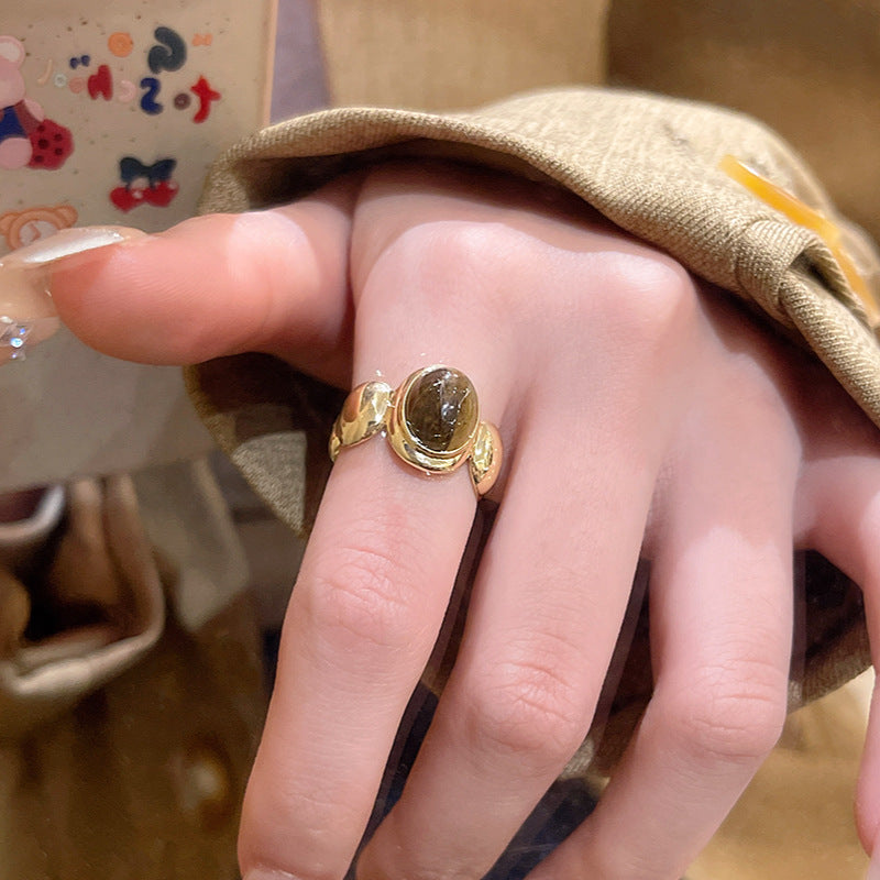 Adjustable Vintage Tiger Eye Stone Ring with Geometric Design for Women