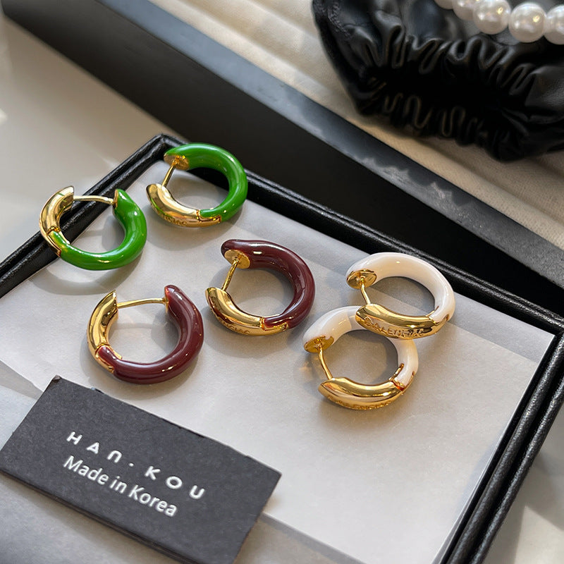 Minimalist Geometric Enamel Circle Earrings for Women in Gold Tone