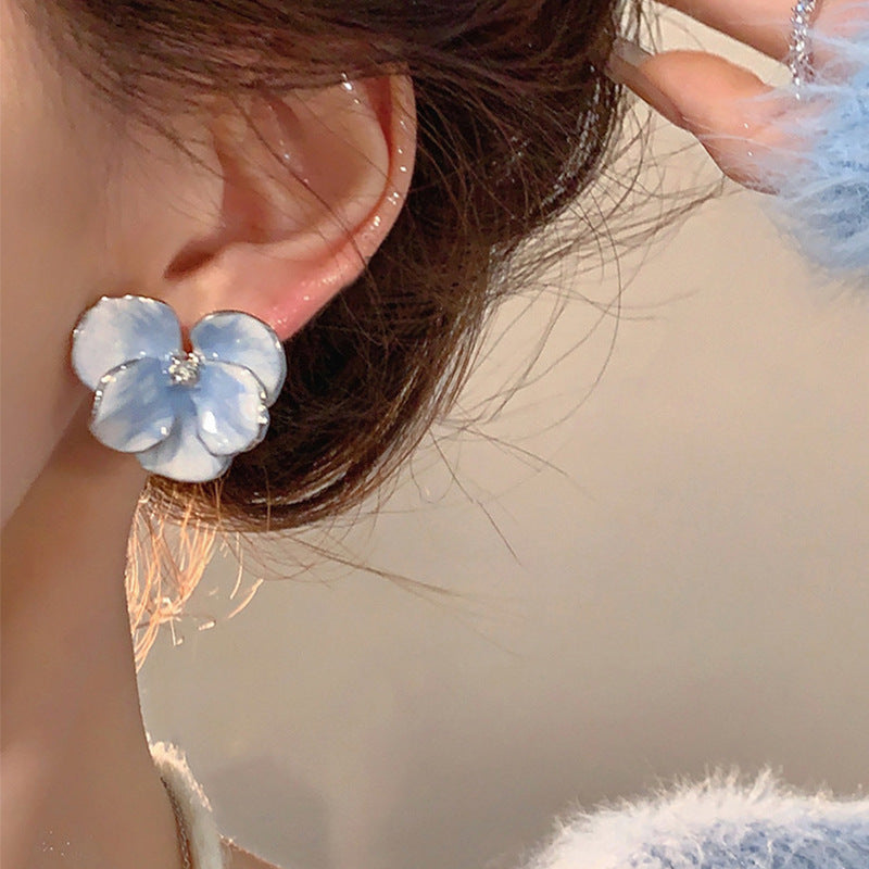 Vintage Blue Enamel Floral Stud Earrings with 3D Petal Design