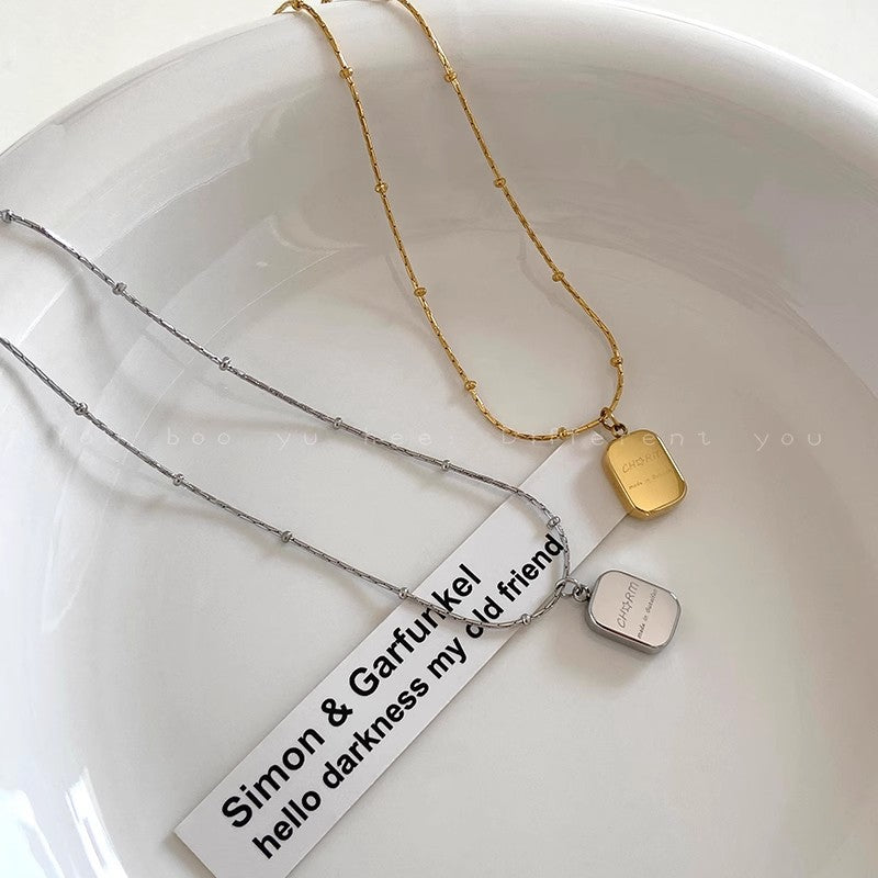Minimalist Titanium Steel Square Pendant Necklace for Women - Silver Geometric Collar Chain