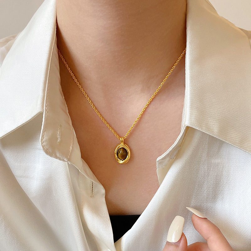 Minimalist Tiger Eye Stud Earrings and Necklace Set in 925 Sterling Silver with Gold Plating