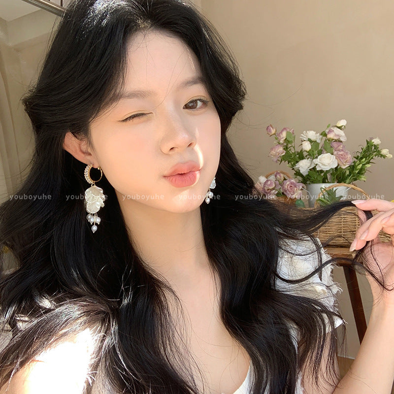 Long Fringe Zircon Flower Earrings with Pearl Accents for Women