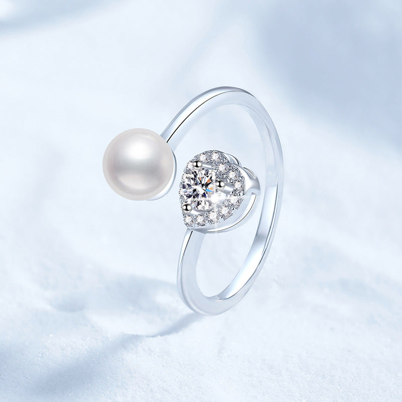 Ring Sterling Silver Heart-Shaped Moissanite and Freshwater Pearl Adjustable Open Band