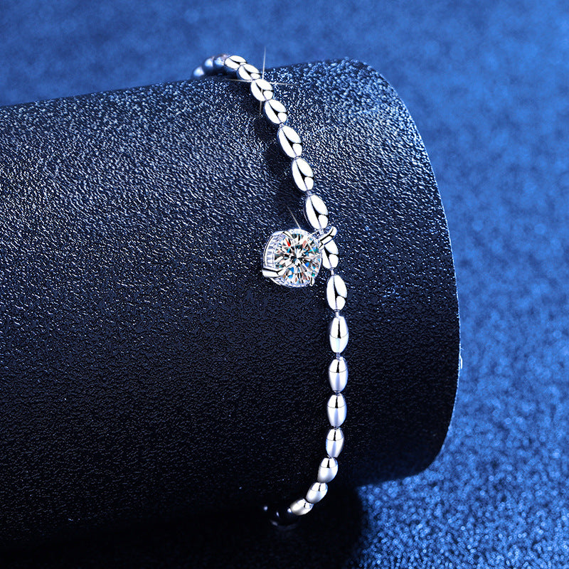 Bracelet Minimalist Sterling Silver Rice Bead Chain with Solitaire Moissanite Stone Charm