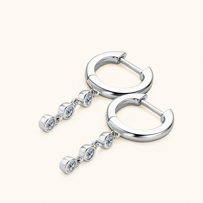 Earrings Elegant Moissanite Tassel Drop Hoop Earrings with Triple Stone Dangle Design