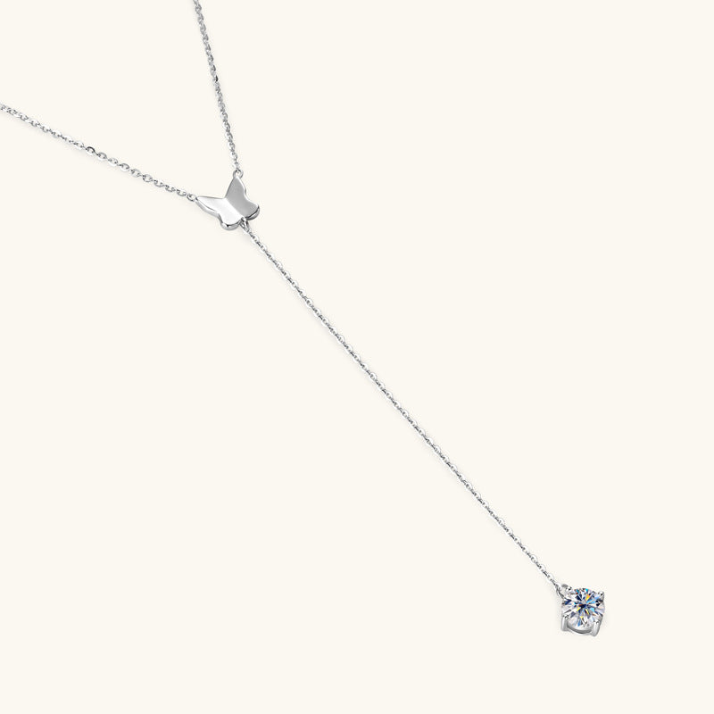 Necklace Elegant Butterfly Moissanite Y-Drop Pendant Sterling Silver Long Chain