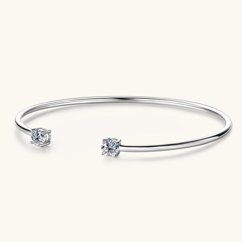 Bracelet Minimalist Open Cuff Bangle with Dual Moissanite Stones Sterling Silver