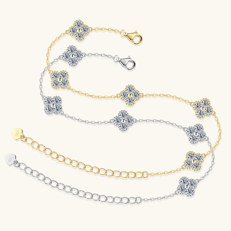 Bracelet Four Leaf Clover Moissanite Sterling Silver Chain Bracelet with Adjustable Extension