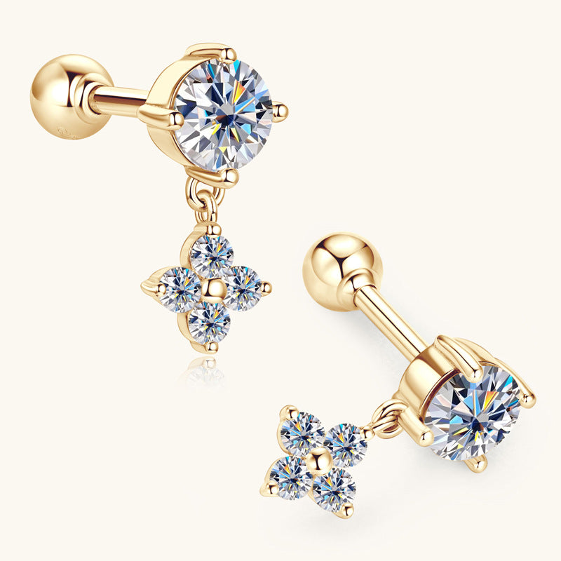 Earrings 10K Yellow Gold Moissanite Drop Earrings with Four Leaf Clover Design