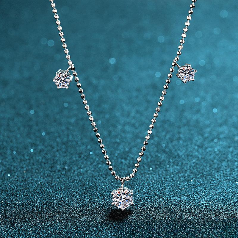 Necklace with 3.2 Carat Moissanite Center Stone and Round Bead Chain in 925 Sterling Silver