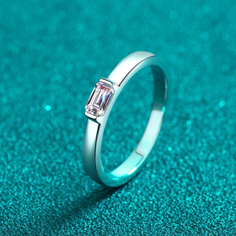 Women's Emerald Cut Moissanite Ring with 925 Sterling Silver Band and Lotus Motif