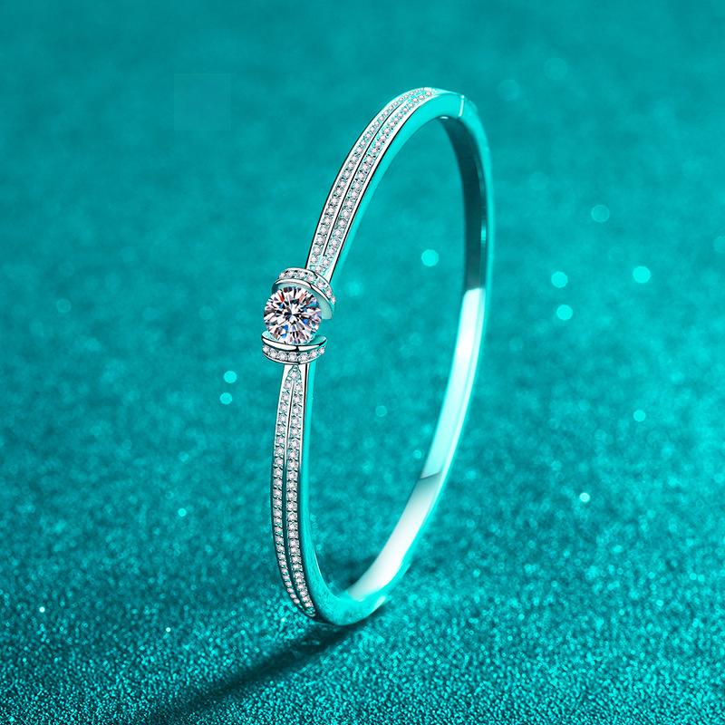 Bracelet with Double Row Full-Cut Moissanite Stones in Platinum-Plated 925 Sterling Silver, Minimalist High-End Design