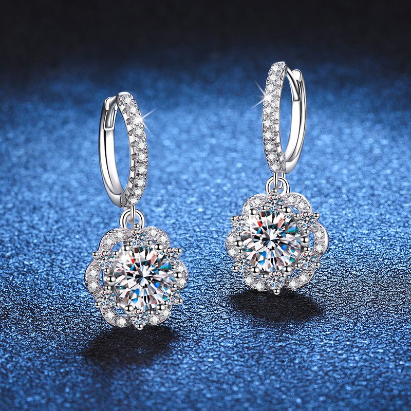 Earrings Sterling Silver Moissanite Rose Flower Halo Drop Earrings with Brilliant Cut Stones