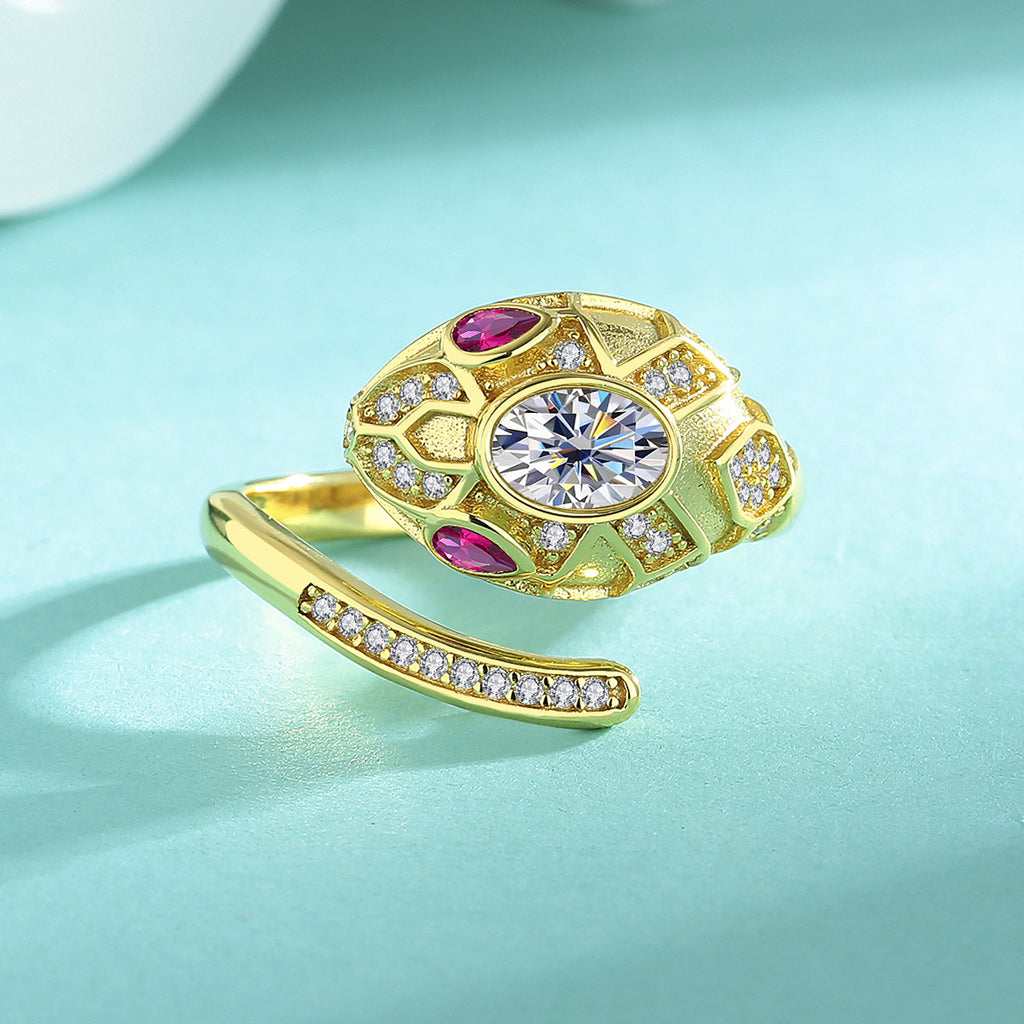 Ring S925 Sterling Silver Snake Design with Moissanite Stone 18K Gold Plated in Pink