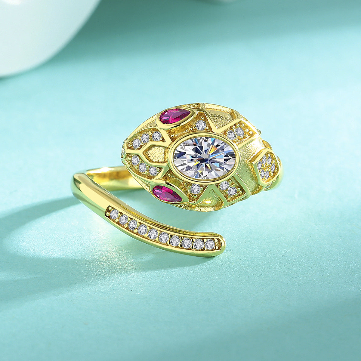 Ring S925 Sterling Silver Snake Design with Moissanite Stone 18K Gold Plated in Pink